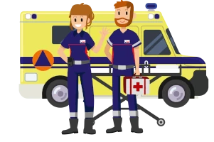 Illustration de deux équipiers-secouristes devant un véhicule de premiers secours à personnes (VPSP) aux couleurs de l'ANPS