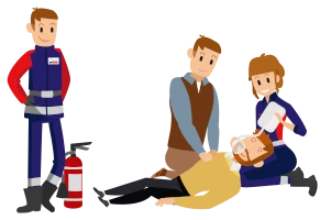 Illustration de deux secouristes et d'un apprenant prenant en charge une victime